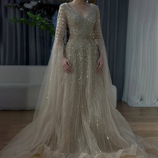 Luxury Dubai  Arabic Caramel Elegant A-Line Beaded Long Evening Dresses Gowns with Cape Sleeves for Formal Occasion LA72750