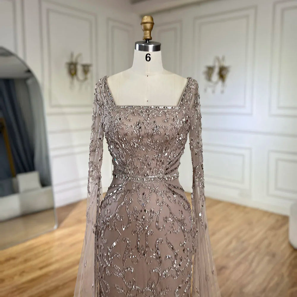 Arabic Caramel Beaded Mermaid Evening Dress with Cape Sleeves LA72400A