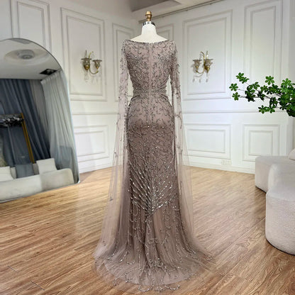Arabic Caramel Beaded Mermaid Evening Dress with Cape Sleeves LA72400A