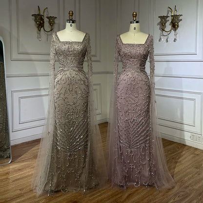Arabic Caramel Beaded Mermaid Evening Dress with Cape Sleeves LA72400A