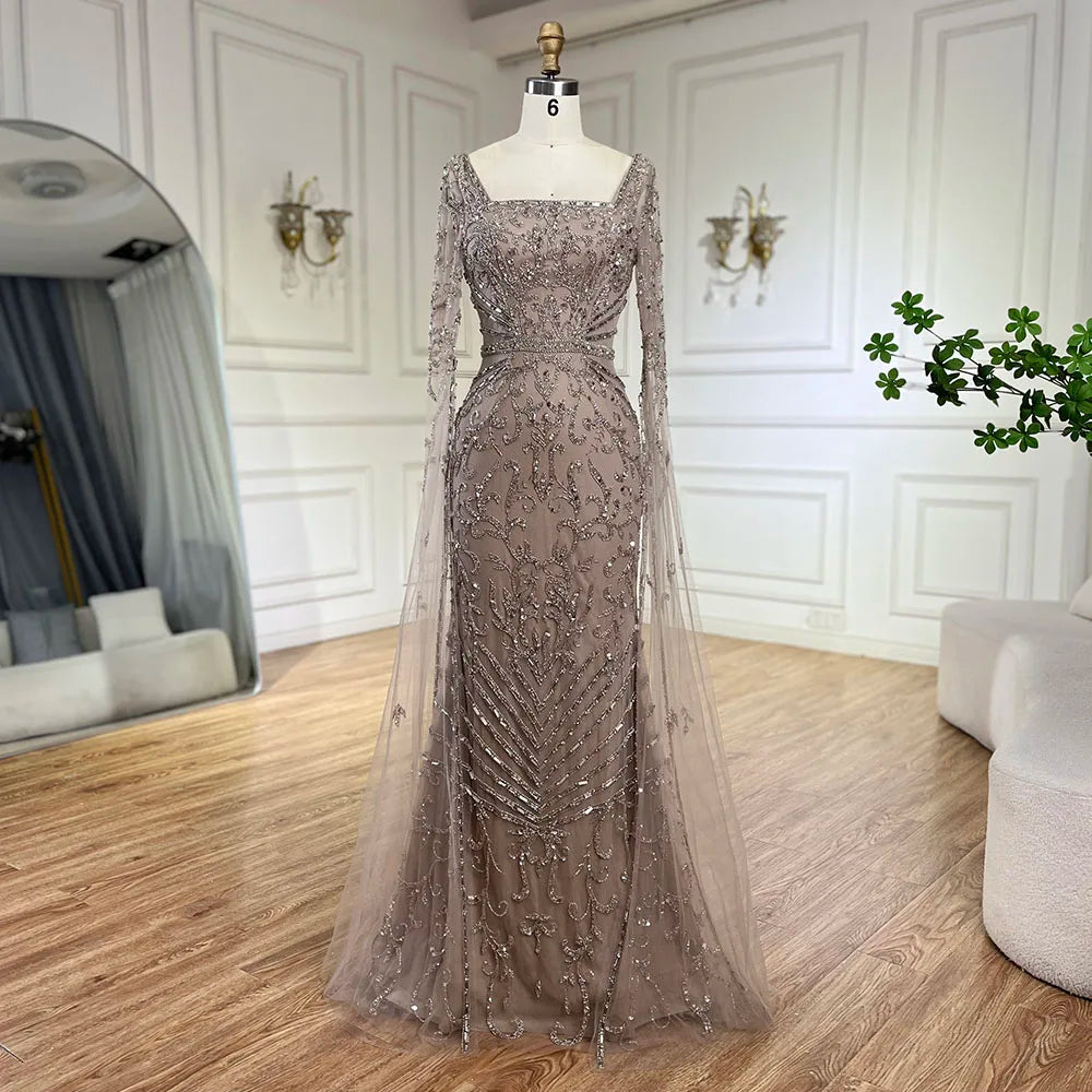 Arabic Caramel Beaded Mermaid Evening Dress with Cape Sleeves LA72400A