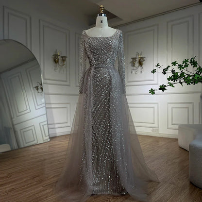 Serene Hill 2025 Arabic Dubai Silver Gray Mermaid Detachable Skirt Beaded Luxury Evening Dresses Gowns for Women Party LA71618L