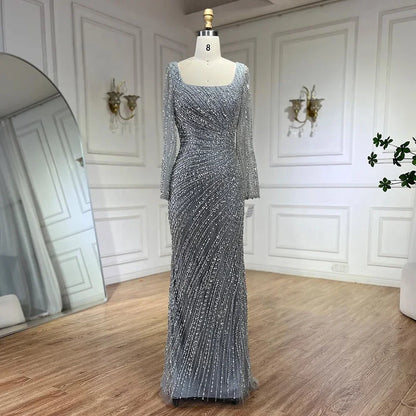 Serene Hill 2025 Arabic Dubai Silver Gray Mermaid Detachable Skirt Beaded Luxury Evening Dresses Gowns for Women Party LA71618L
