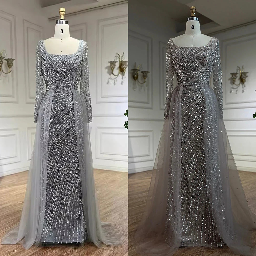 Serene Hill 2025 Arabic Dubai Silver Gray Mermaid Detachable Skirt Beaded Luxury Evening Dresses Gowns for Women Party LA71618L