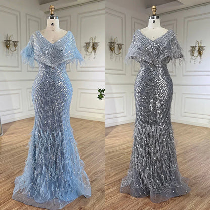 Luxury Arabic Red Mermaid Evening Dress with Feathers Beaded LA71323A