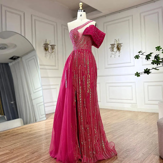 Serene Hill  Arabic Fuchsia One Shoulder Blue Beaded Luxury Dubai Evening Gowns with Side Skirt for Women's Party LA72664