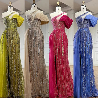 Serene Hill  Arabic Fuchsia One Shoulder Blue Beaded Luxury Dubai Evening Gowns with Side Skirt for Women's Party LA72664