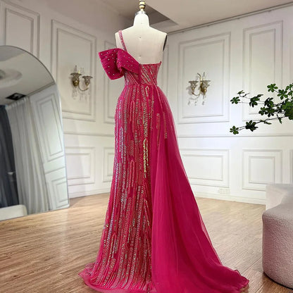Serene Hill  Arabic Fuchsia One Shoulder Blue Beaded Luxury Dubai Evening Gowns with Side Skirt for Women's Party LA72664