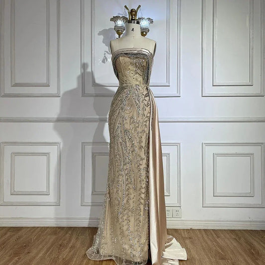 Serene Hill  Arabic Nude Satin Mermaid Beaded Luxury Dubai Evening Gown with Side Skirt for Women's Party LA72665