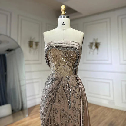 Serene Hill  Arabic Nude Satin Mermaid Beaded Luxury Dubai Evening Gown with Side Skirt for Women's Party LA72665