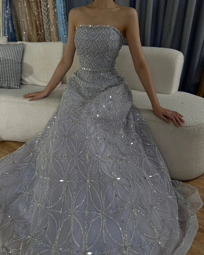 Luxury Dubai  Arabic Gray A Line Elegant Beaded Long Evening Dresses Gowns for Formal Occasion LA72755