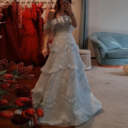 Luxury Dubai  Arabic Gray A-Line Off-The-Shoulder Beaded Luxury Saudi Evening Gown for Formal Occasion LA72762