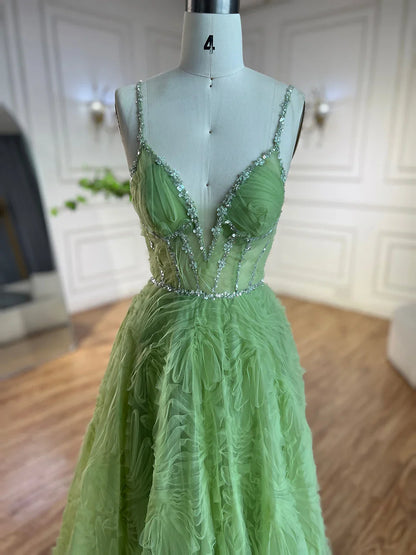 Serene Hill 2025 Arabic Sage Green Elegant Spaghetti Strap Backless A-Line Prom Dress for Women | Wedding Party LA72636