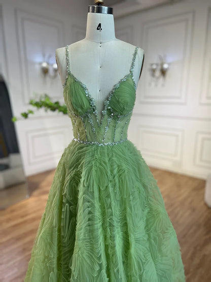Serene Hill 2025 Arabic Sage Green Elegant Spaghetti Strap Backless A-Line Prom Dress for Women | Wedding Party LA72636