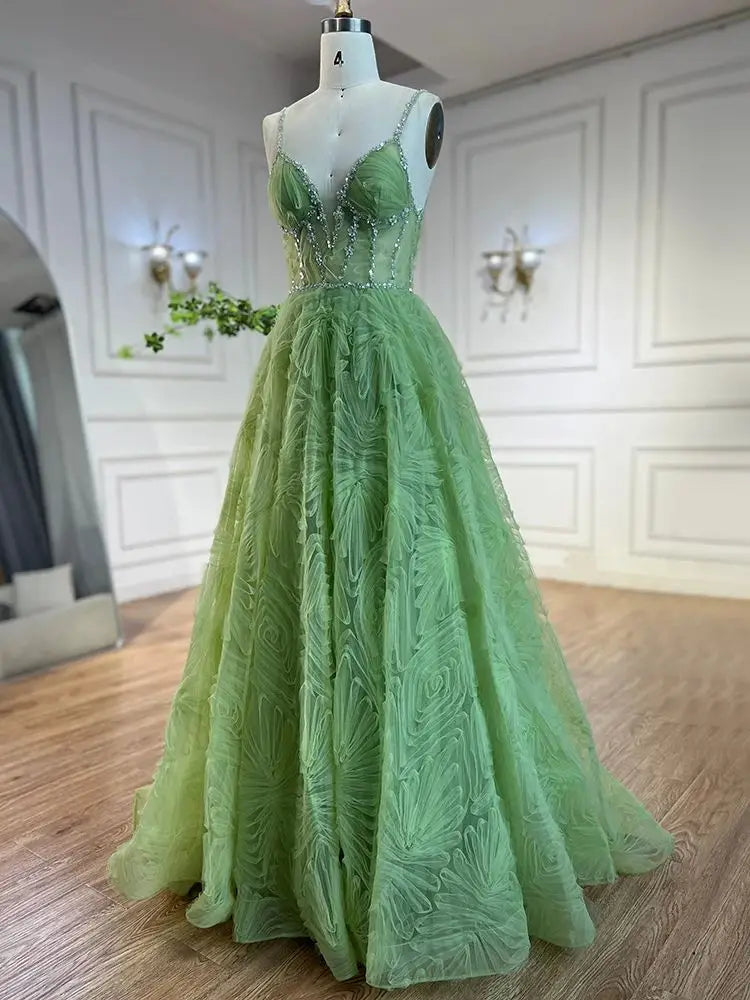 Serene Hill 2025 Arabic Sage Green Elegant Spaghetti Strap Backless A-Line Prom Dress for Women | Wedding Party LA72636