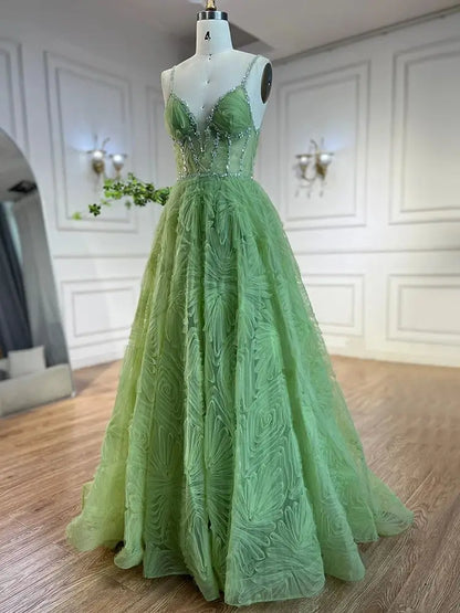 Serene Hill 2025 Arabic Sage Green Elegant Spaghetti Strap Backless A-Line Prom Dress for Women | Wedding Party LA72636