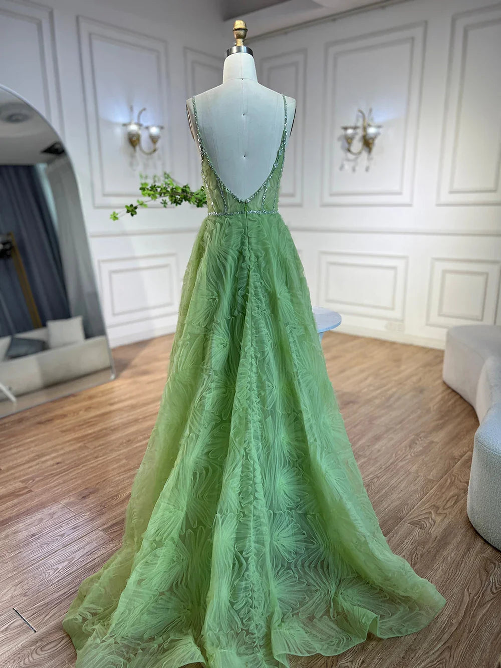 Serene Hill 2025 Arabic Sage Green Elegant Spaghetti Strap Backless A-Line Prom Dress for Women | Wedding Party LA72636