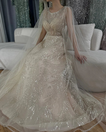 Luxury Dubai  Arabic Lilac Elegant A-Line Beaded Long Evening Dresses Gowns with Cape Sleeves for Formal Occasion LA72744
