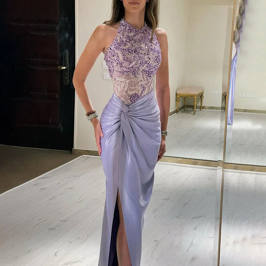 Luxury Dubai Lilac Halter Neck  Satin Split Mermaid  Evening  Dress  LA72668