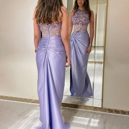 Luxury Dubai Lilac Halter Neck  Satin Split Mermaid  Evening  Dress  LA72668