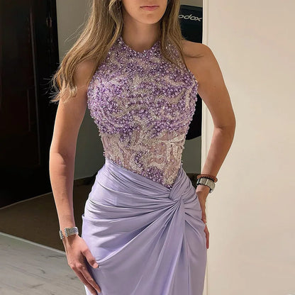 Luxury Dubai Lilac Halter Neck  Satin Split Mermaid  Evening  Dress  LA72668