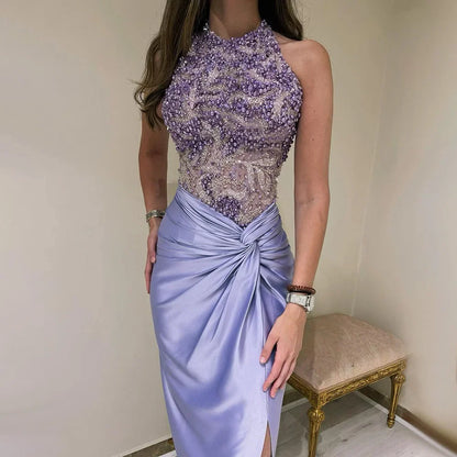 Luxury Dubai Lilac Halter Neck  Satin Split Mermaid  Evening  Dress  LA72668