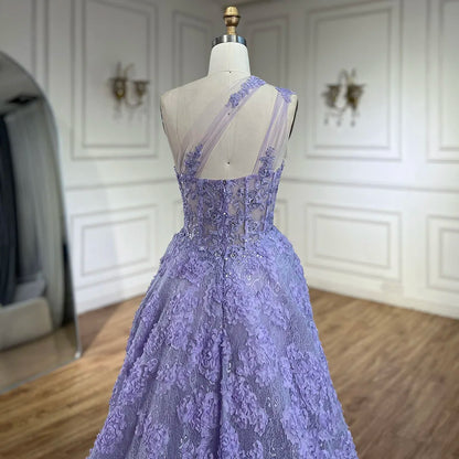 Serene Hill 2025 Arabic Lilac One-Shoulder A-Line Lace Appliques Luxury Prom Dress for Formal Occasion LA72619