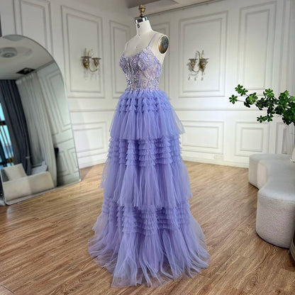 Serene Hill 2025 Arabic Lilac Spaghetti Strap Tiered A-Line Lace Appliques Luxury Evening Gown for Women's Party LA72618