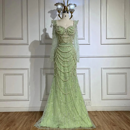 Serene Hill  Arabic Sage Green Sweetheart Mermaid Pearls Beaded Luxury Dubai Evening Gown for Women's Party LA72660