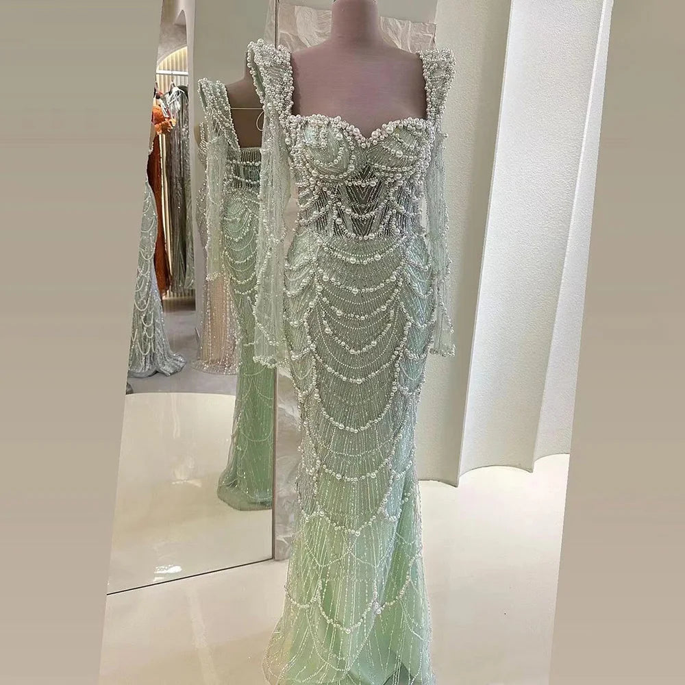 Serene Hill  Arabic Sage Green Sweetheart Mermaid Pearls Beaded Luxury Dubai Evening Gown for Women's Party LA72660