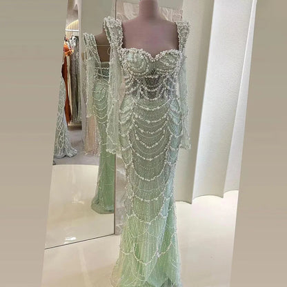 Serene Hill  Arabic Sage Green Sweetheart Mermaid Pearls Beaded Luxury Dubai Evening Gown for Women's Party LA72660