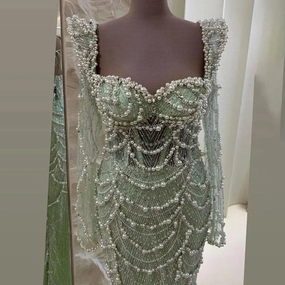 Serene Hill  Arabic Sage Green Sweetheart Mermaid Pearls Beaded Luxury Dubai Evening Gown for Women's Party LA72660