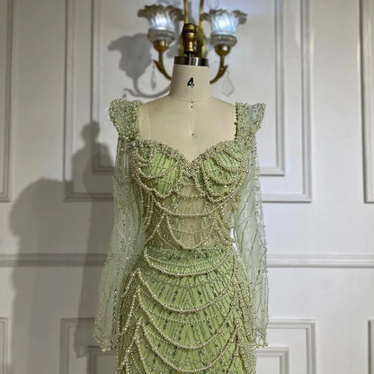 Serene Hill  Arabic Sage Green Sweetheart Mermaid Pearls Beaded Luxury Dubai Evening Gown for Women's Party LA72660