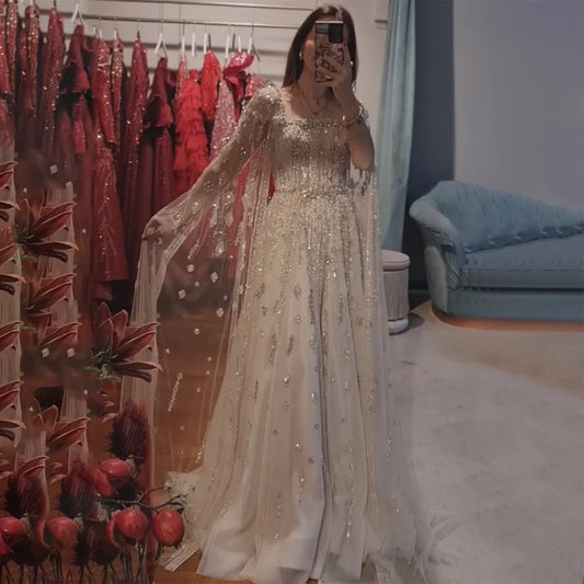Luxury Designer Nude A-Line Crystal Beaded Arabic Evening Dress LA72764