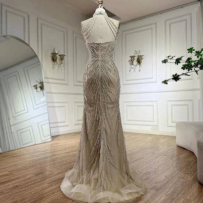 Serene Hill  Arabic Nude Halter Neck Mermaid Pearls Beaded Luxury Dubai Evening Gown for Women's Party LA72696