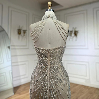 Serene Hill  Arabic Nude Halter Neck Mermaid Pearls Beaded Luxury Dubai Evening Gown for Women's Party LA72696