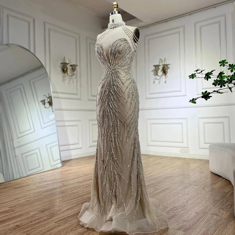 Serene Hill  Arabic Nude Halter Neck Mermaid Pearls Beaded Luxury Dubai Evening Gown for Women's Party LA72696