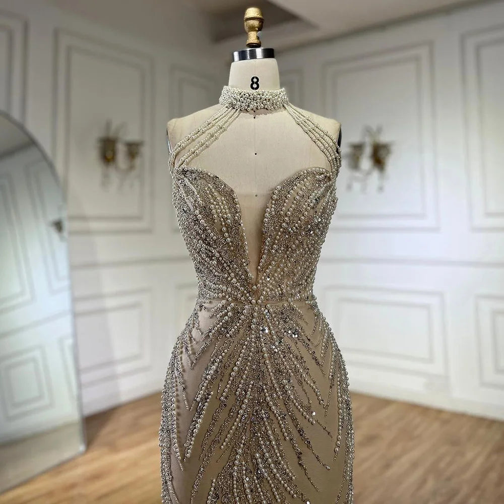 Serene Hill  Arabic Nude Halter Neck Mermaid Pearls Beaded Luxury Dubai Evening Gown for Women's Party LA72696