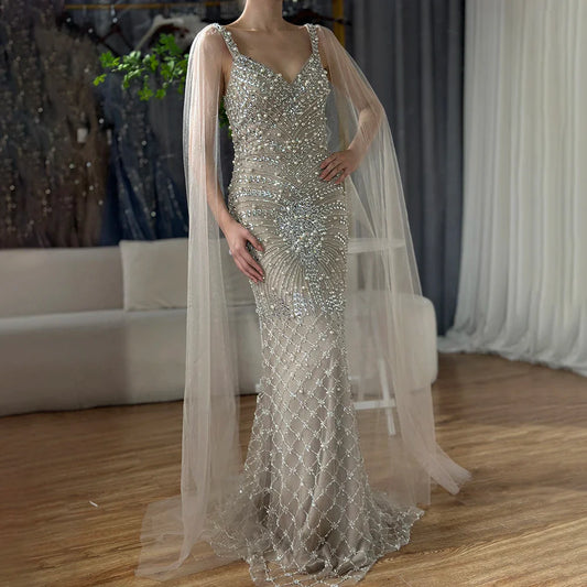 Luxury Dubai  Arabic Nude Mermaid Cape Sleeve Beaded Luxury Saudi Evening Gown for Formal Occasion LA72748