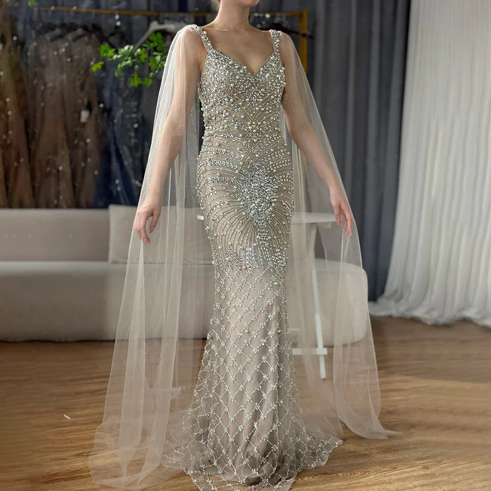 Luxury Dubai  Arabic Nude Mermaid Cape Sleeve Beaded Luxury Saudi Evening Gown for Formal Occasion LA72748