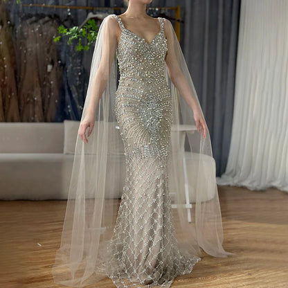 Luxury Dubai  Arabic Nude Mermaid Cape Sleeve Beaded Luxury Saudi Evening Gown for Formal Occasion LA72748