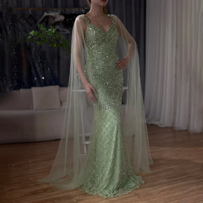 Luxury Dubai  Arabic Nude Mermaid Cape Sleeve Beaded Luxury Saudi Evening Gown for Formal Occasion LA72748
