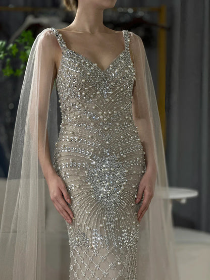 Luxury Dubai  Arabic Nude Mermaid Cape Sleeve Beaded Luxury Saudi Evening Gown for Formal Occasion LA72748
