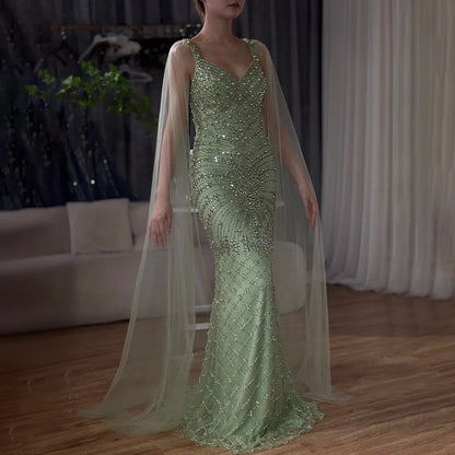 Luxury Dubai  Arabic Nude Mermaid Cape Sleeve Beaded Luxury Saudi Evening Gown for Formal Occasion LA72748