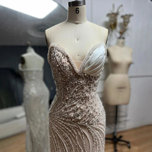 Luxury Dubai  Arabic White Nude Mermaid Gown Pearls Beaded Luxury Saudi Evening Dress for Formal Occasion LA72712