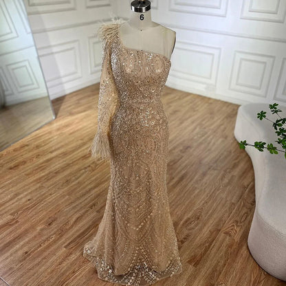 Serene Hill  Arabic Nude One Shoulder Beaded Feathers Luxury Dubai Evening Gowns for Women's Party LA72546A