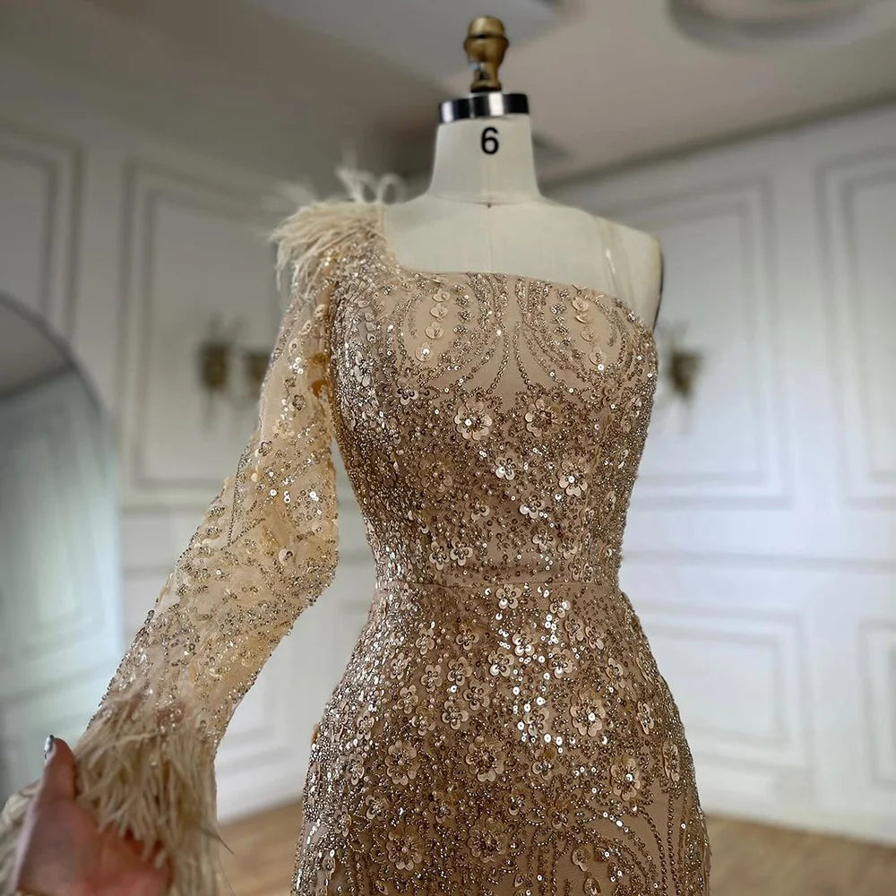Serene Hill  Arabic Nude One Shoulder Beaded Feathers Luxury Dubai Evening Gowns for Women's Party LA72546A