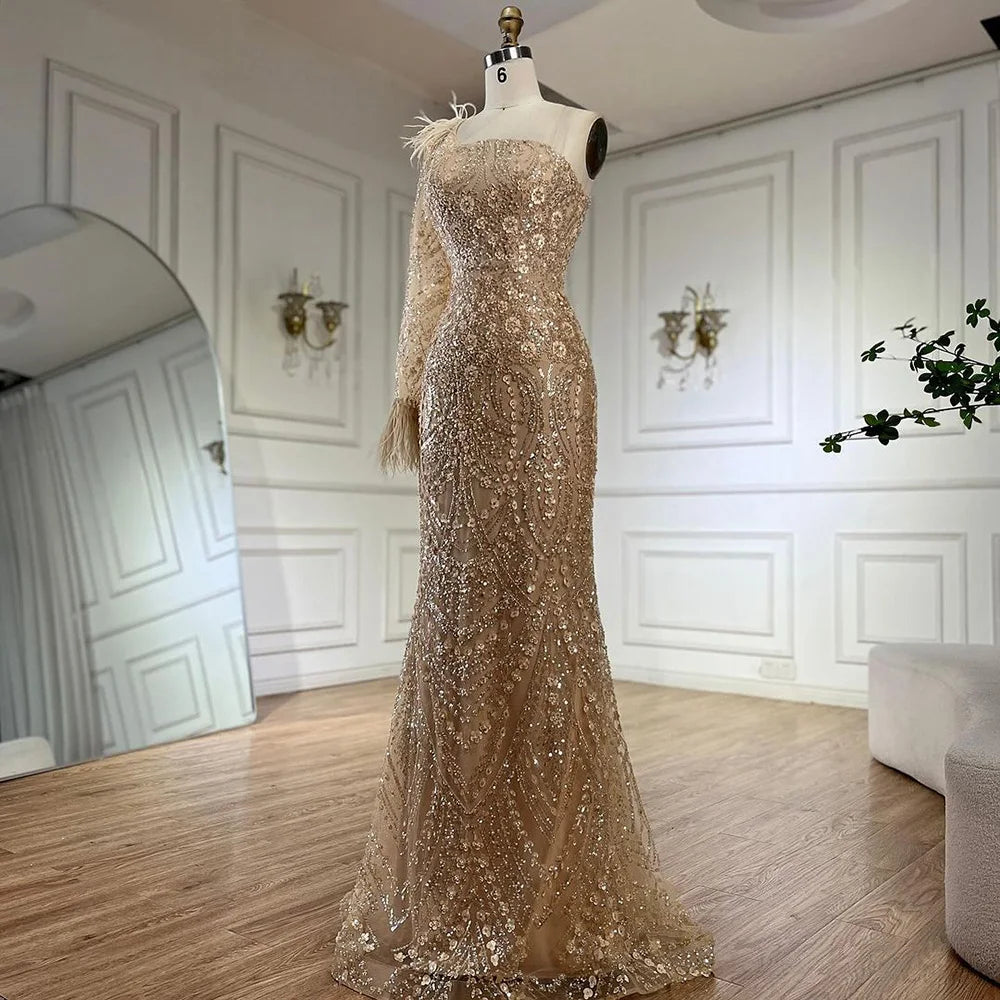 Serene Hill  Arabic Nude One Shoulder Beaded Feathers Luxury Dubai Evening Gowns for Women's Party LA72546A