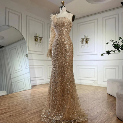 Serene Hill  Arabic Nude One Shoulder Beaded Feathers Luxury Dubai Evening Gowns for Women's Party LA72546A