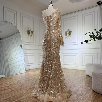 Serene Hill  Arabic Nude One Shoulder Beaded Feathers Luxury Dubai Evening Gowns for Women's Party LA72546A